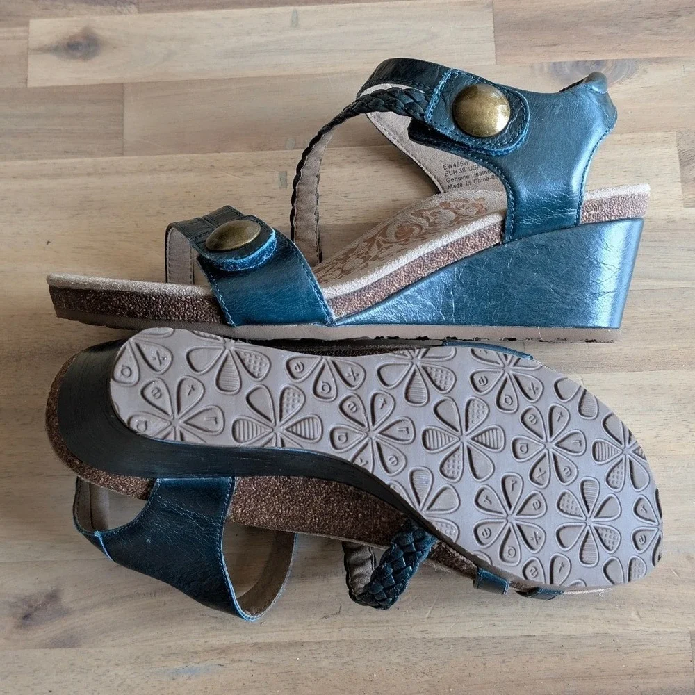 Aetrex Teal Leather Braided Wedge Sandals Women's 38(US 7.5-8) Comfort Shoes NEW